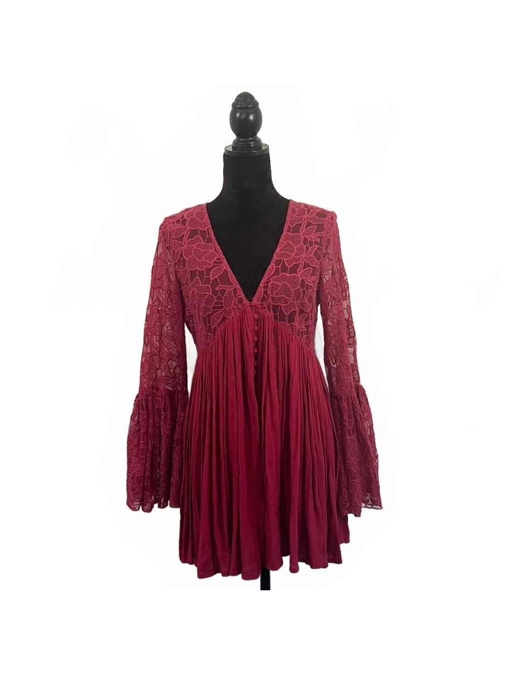 Free People Pink Lace Bell Sleeve Mini Babydoll Dress Feminine Boho Fairy